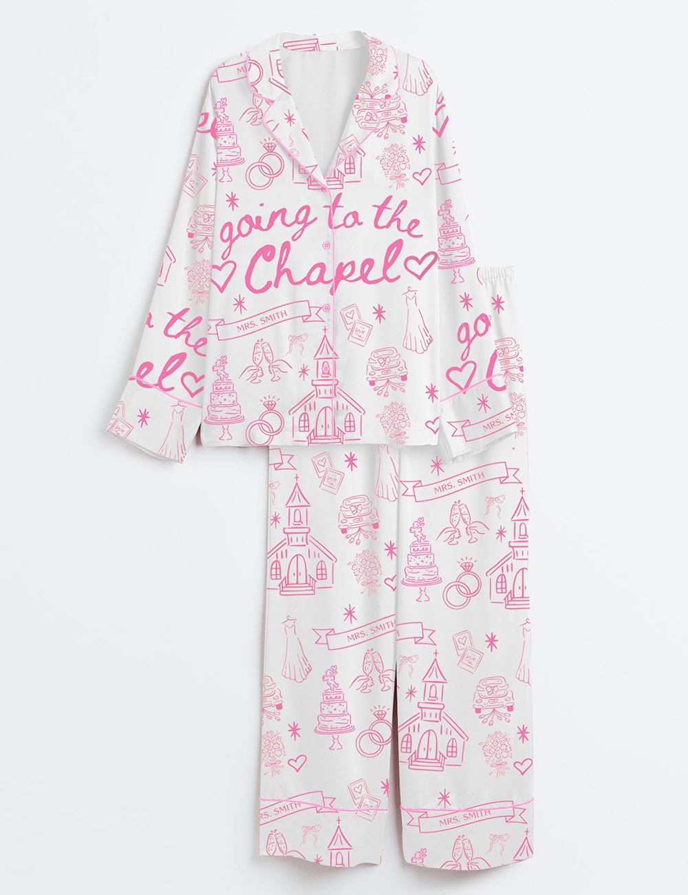 Women's Going To The Chapel Gonna Get Married Coquette Wedding Bride Long Sleeve Satin Pajamas Set