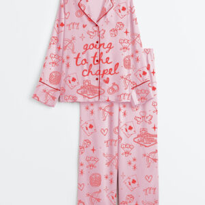 Women's Going To The Chapel Las Vegas Theme Coquette Bachelorette Bride Just Engaged Print Long Sleeve Satin Pajamas Set