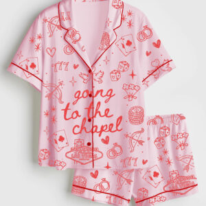 Womenâ€™s Going To The Chapel Las Vegas Theme Coquette Bachelorette Bride Just Engaged Print Short Sleeve Satin Pajama Set