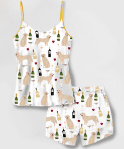  Women's Golden Retriever And Wine Camisole Satin Pajamas Set 