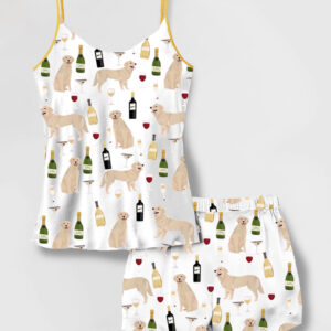  Women's Golden Retriever And Wine Camisole Satin Pajamas Set 