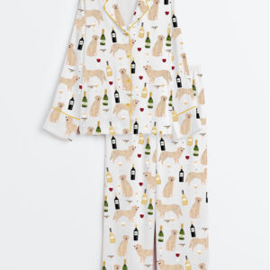 Women's Golden Retriever And Wine Long Sleeve Satin Pajama Set