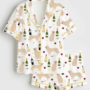 Women's Golden Retriever And Wine Short Sleeve Satin Pajama Set