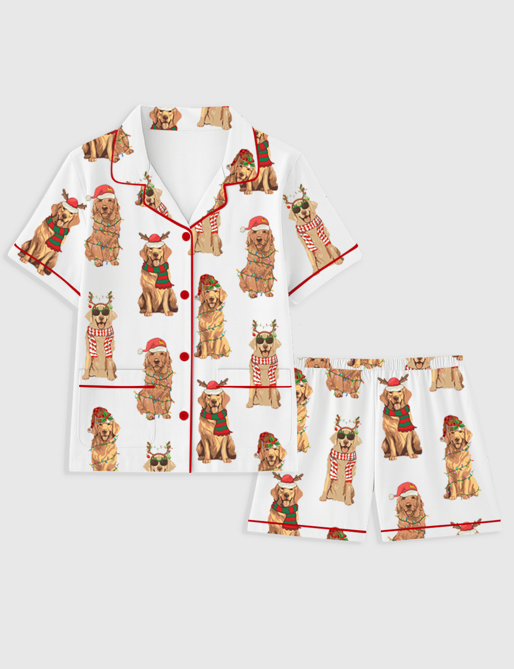 Women's Golden Retriever Christmas Short Sleeve Pocket Cotton Pajama Set