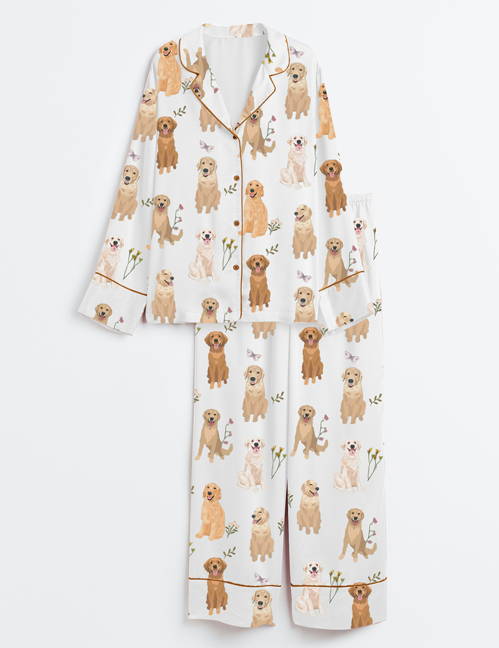 Womenâ€™s Golden Retriever Cottagecore Long Sleeve Satin Pajama Set
