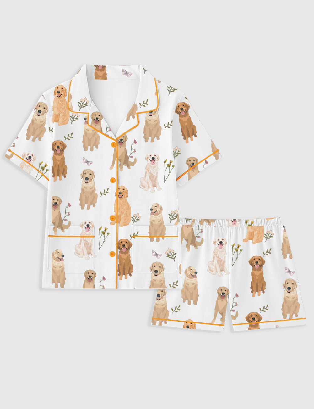 Women's Golden Retriever Cottagecore Short Sleeve Pocket Cotton Pajama Set
