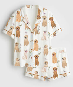 Women's Golden Retriever Cottagecore Short Sleeve Satin Pajama Set