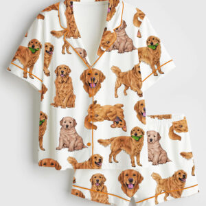 Women's Golden Retriever Dog Lover Short Sleeve Satin Pajama Set
