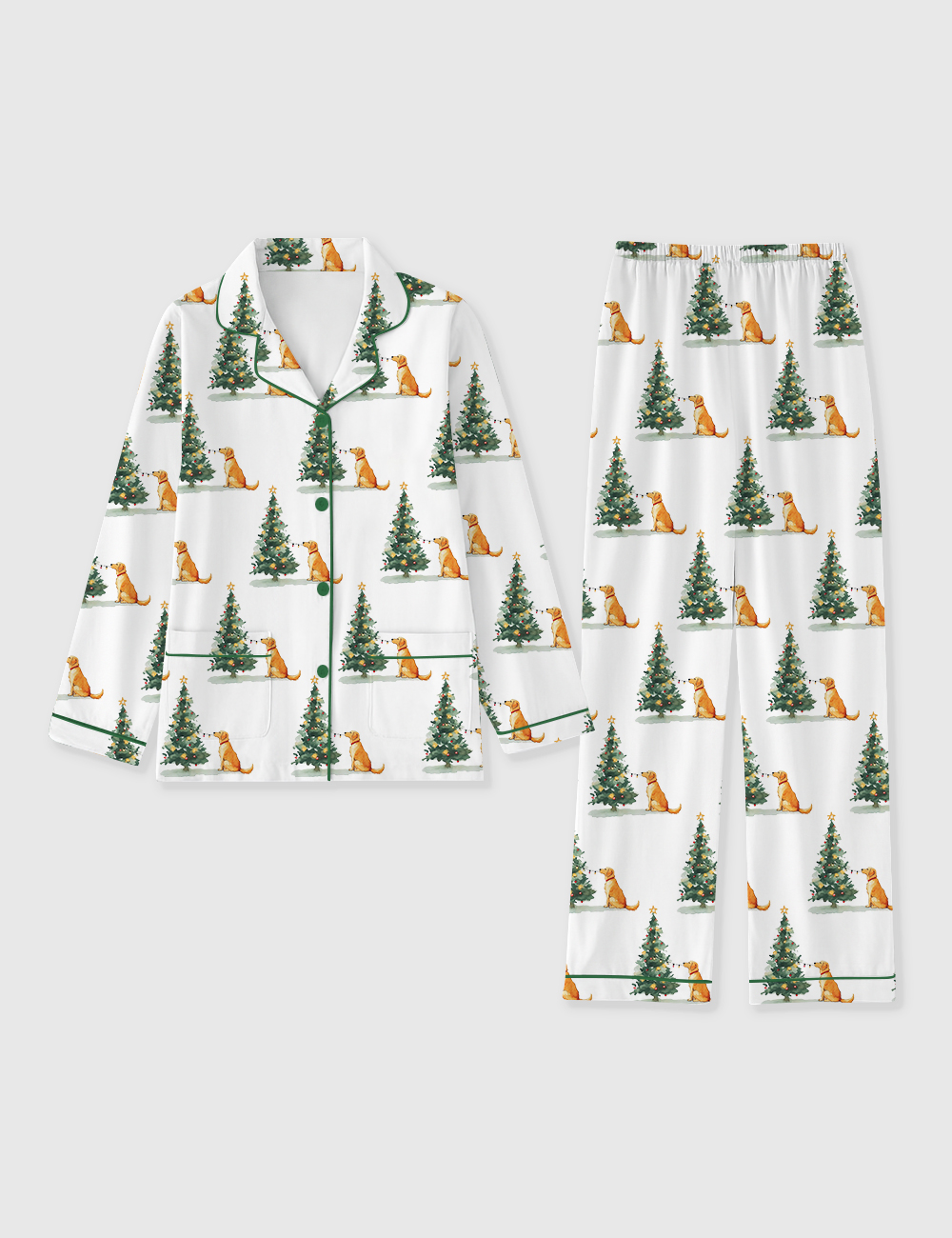 Women's Golden Retriever With Christmas Tree Long Sleeve Pocket Cotton Pajama Set