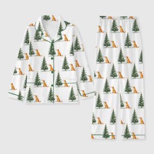 Women's Golden Retriever With Christmas Tree Long Sleeve Pocket Cotton Pajamas Set