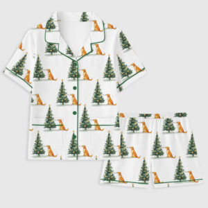 Women's Golden Retriever With Christmas Tree Short Sleeve Pocket Cotton Pajama Set