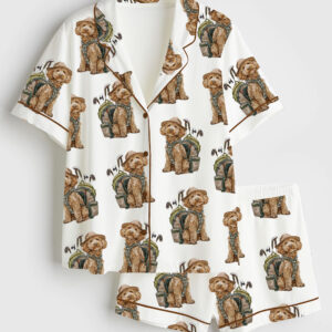 Womenâ€™s Goldendoodle Golf Dog Playing Golf Short Sleeve Satin Pajama Set