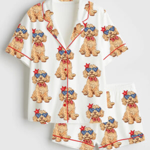 Womenâ€™s Goldendoodle Patriotic 4th Of July Dog Short Sleeve Satin Pajama Set