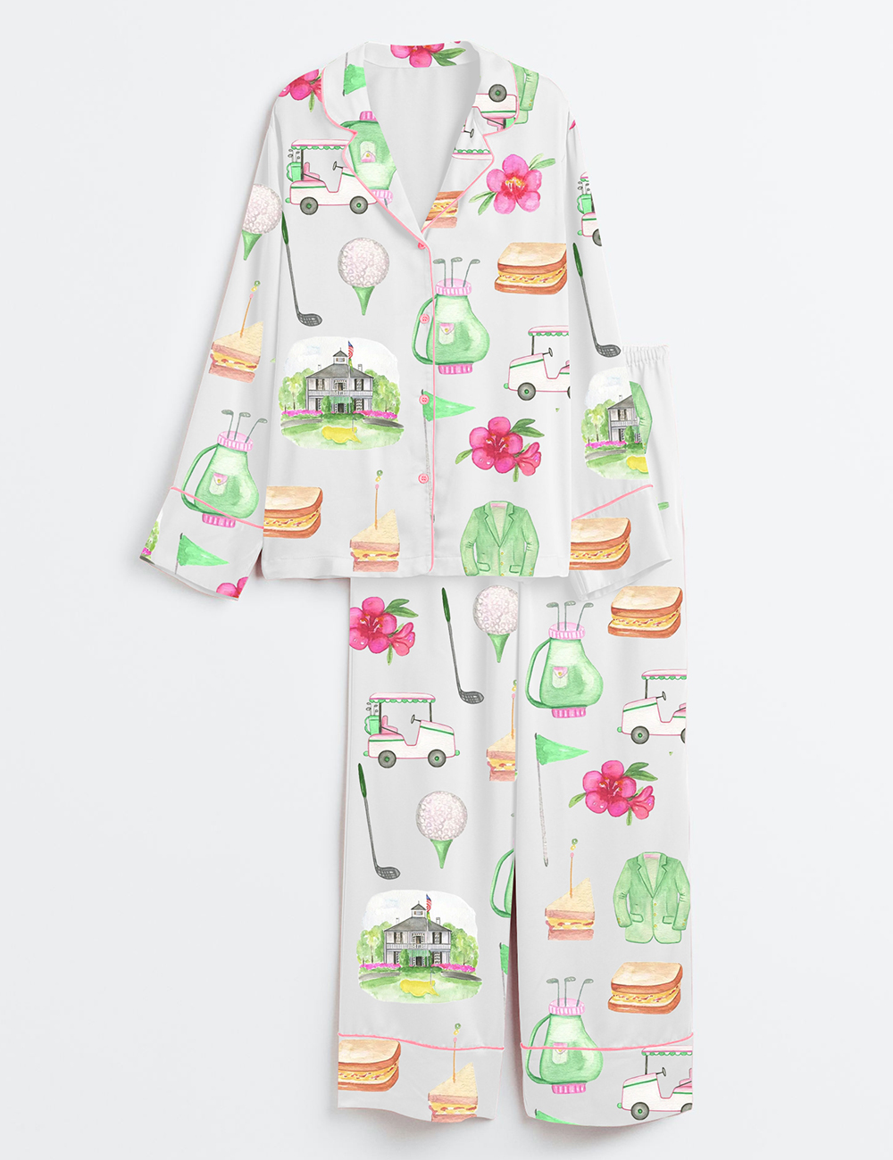 Womenâ€™s Golf Masters Augusta Watercolor Golf Print Long Sleeve Satin Pajama Set