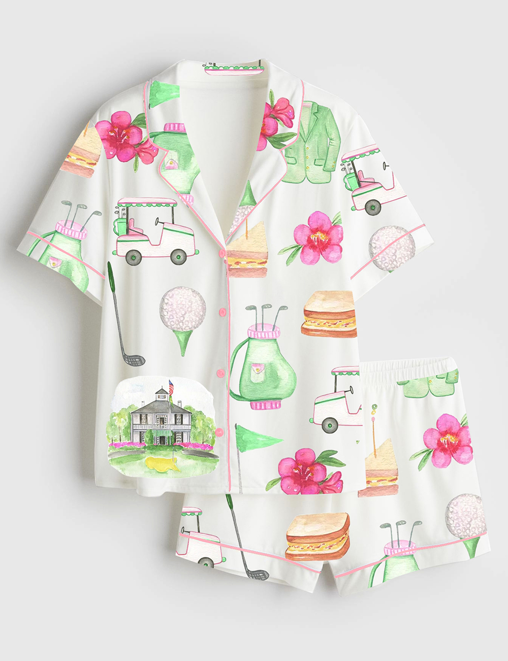 Womenâ€™s Golf Masters Augusta Watercolor Golf Print Short Sleeve Satin Pajama Set