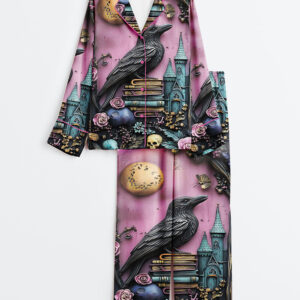 Women's Gothic Purple Bookshelf Dark Academia Witch Skull Floral Book Lover Long Sleeve Satin Pajamas Set