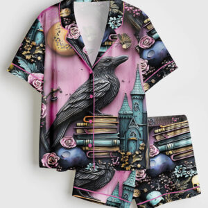 Women's Gothic Purple Bookshelf Dark Academia Witch Skull Floral Book Lover Short Sleeve Satin Pajama Set