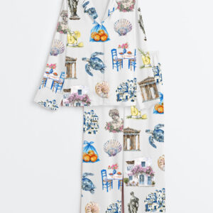 Womenâ€™s Greece Watercolor Greek Summer Travel Long Sleeve Satin Pajama Set