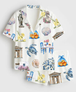 Women's Greece Watercolor Greek Summer Travel Short Sleeve Satin Pajama Set