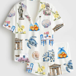 Womenâ€™s Greece Watercolor Greek Summer Travel Short Sleeve Satin Pajama Set