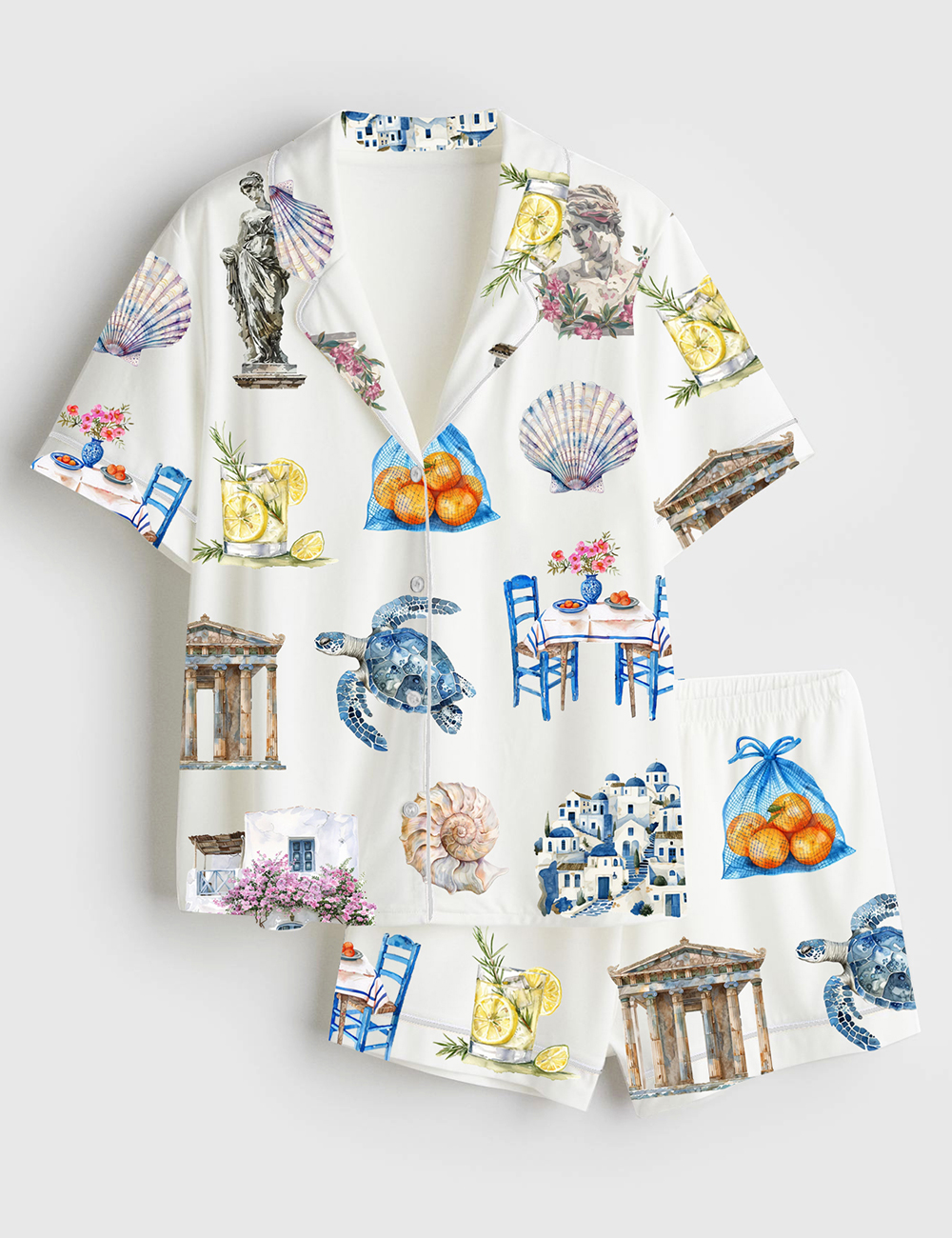 Womenâ€™s Greece Watercolor Greek Summer Travel Short Sleeve Satin Pajama Set