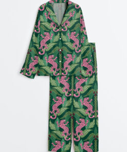 Women's Green And Pink Tiger Watercolor Girly Tiger Print Long Sleeve Satin Pajama Set