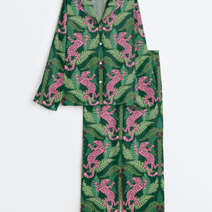 Women's Green And Pink Tiger Watercolor Girly Tiger Print Long Sleeve Satin Pajamas Set