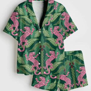 Womenâ€™s Green And Pink Tiger Watercolor Girly Tiger Print Short Sleeve Satin Pajama Set