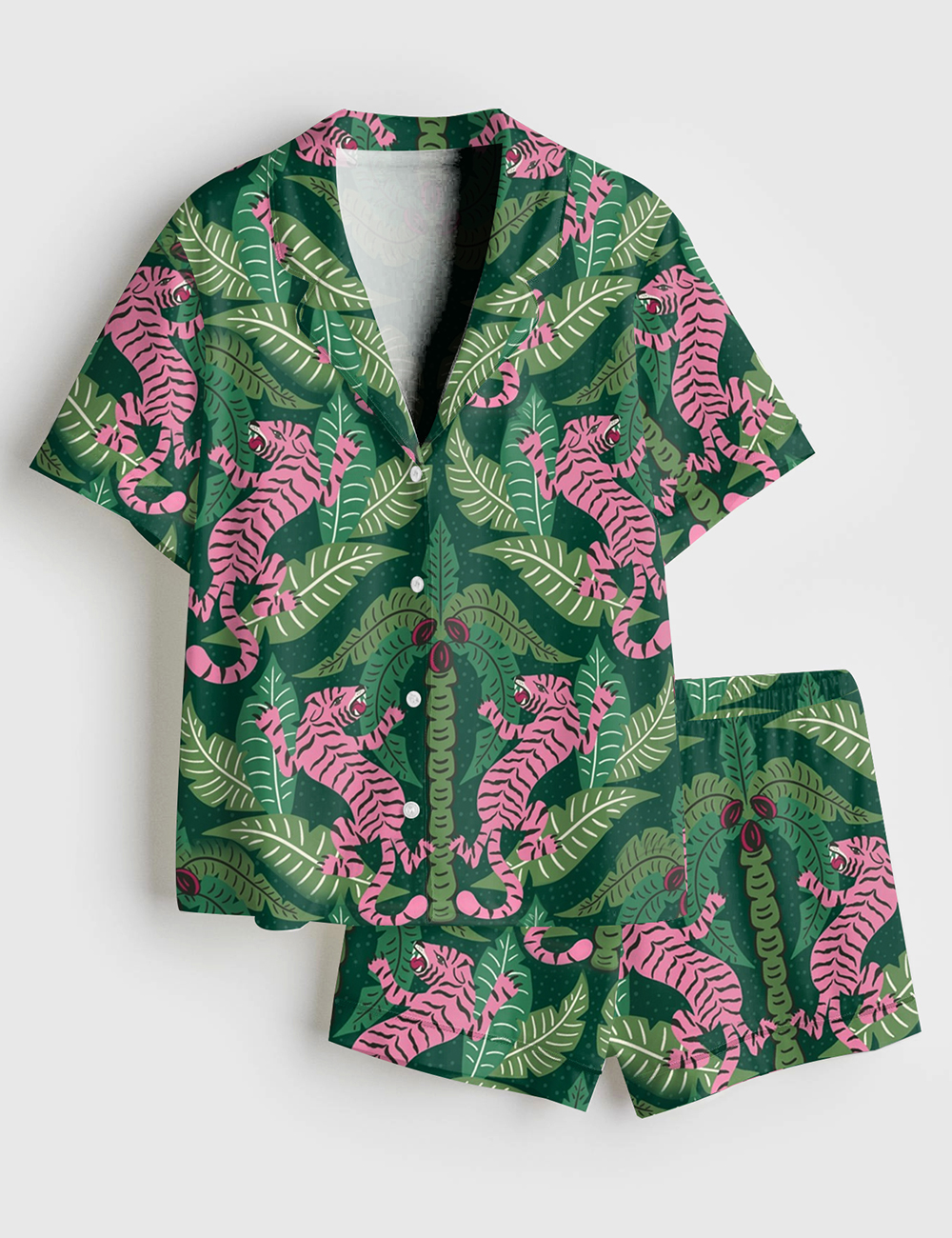 Womenâ€™s Green And Pink Tiger Watercolor Girly Tiger Print Short Sleeve Satin Pajama Set