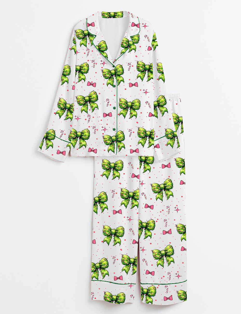 Womenâ€™s Green Christmas Coquette Bow Long Sleeve Satin Pajama Set