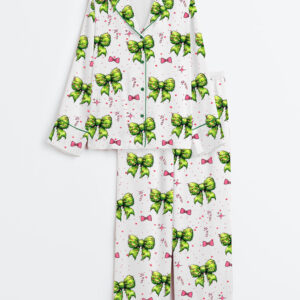 Women's Green Christmas Coquette Bow Long Sleeve Satin Pajamas Set