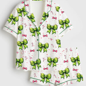 Womenâ€™s Green Christmas Coquette Bow Short Sleeve Satin Pajama Set