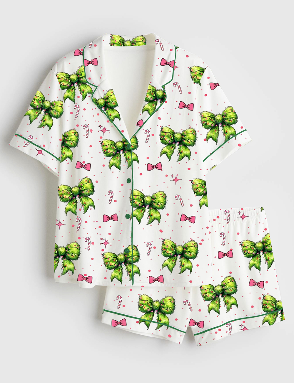 Womenâ€™s Green Christmas Coquette Bow Short Sleeve Satin Pajama Set