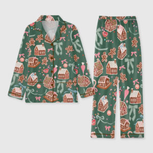 Women's Green Gingerbread Bow Christmas Holiday Long Sleeve Pocket Cotton Pajamas Set