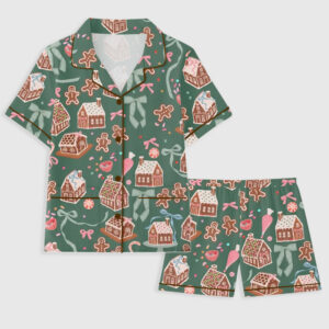 Women's Green Gingerbread Bow Christmas Holiday Short Sleeve Pocket Cotton Pajama Set