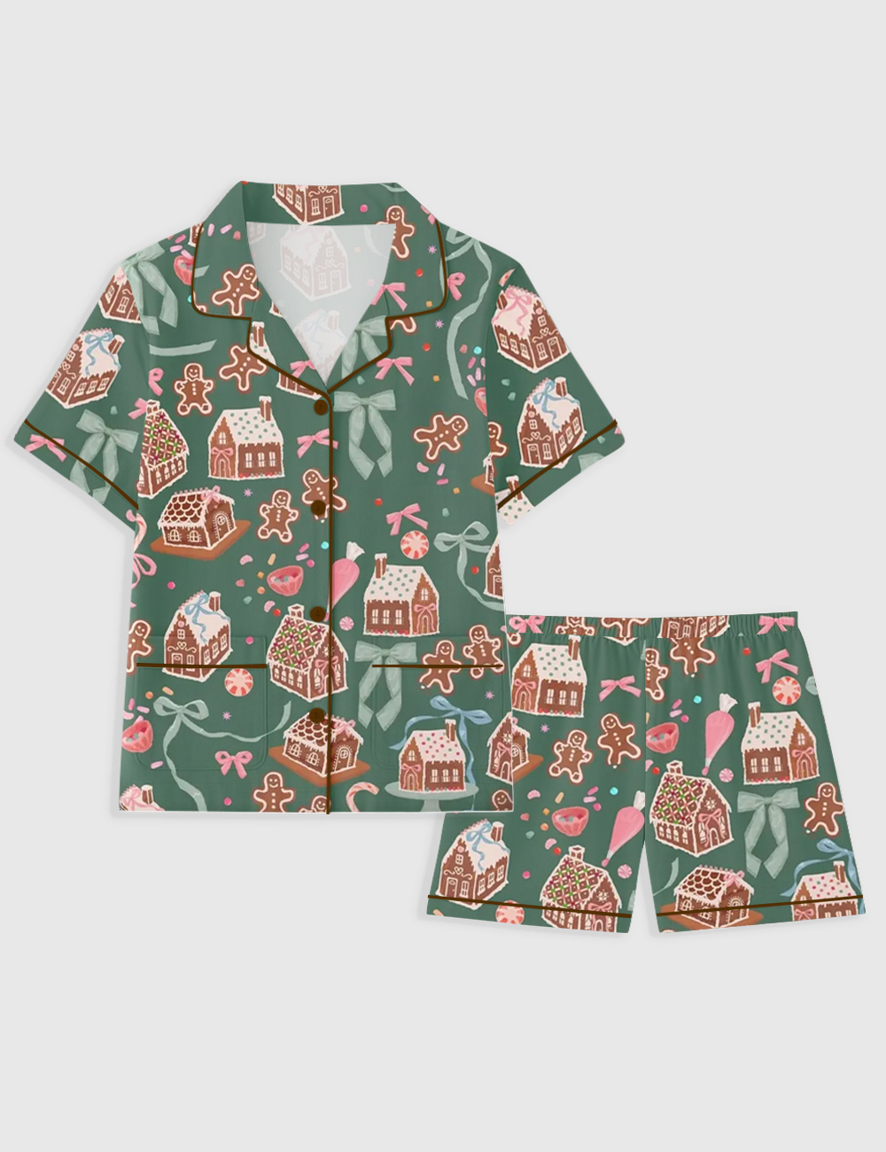 Women's Green Gingerbread Bow Christmas Holiday Short Sleeve Pocket Cotton Pajama Set