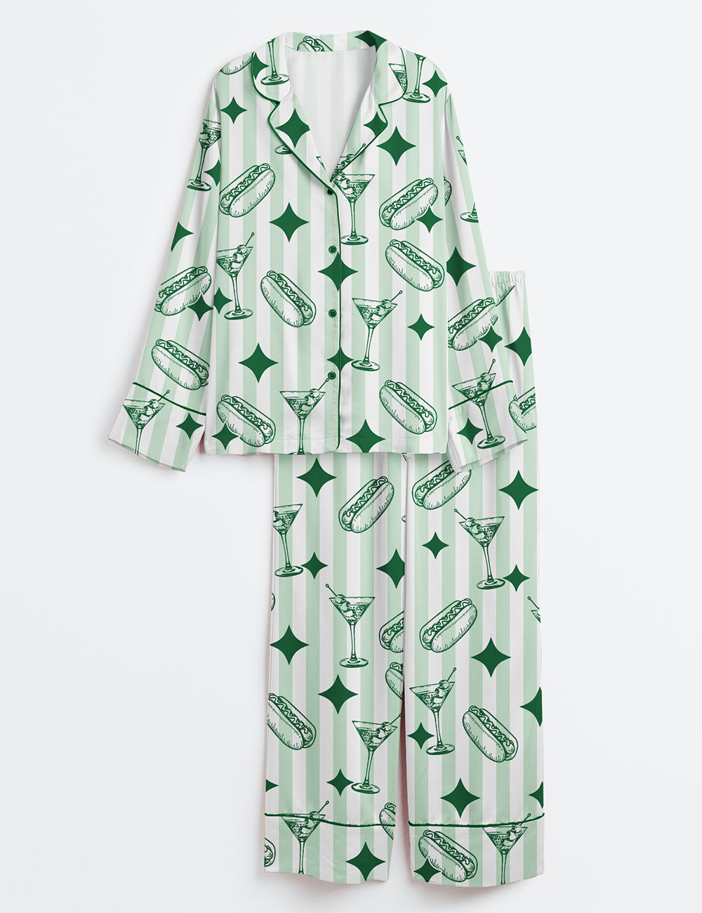 Women's Green Stripe Tinis And Weenies Dirty Martini Party Print Long Sleeve Satin Pajamas Set
