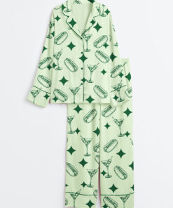 Women's Green Tinis And Weenies Dirty Martini Party Print Long Sleeve Satin Pajama Set