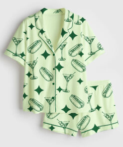 Women's Green Tinis And Weenies Dirty Martini Party Print Short Sleeve Satin Pajama Set