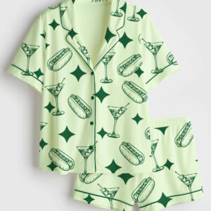 Womenâ€™s Green Tinis And Weenies Dirty Martini Party Print Short Sleeve Satin Pajama Set
