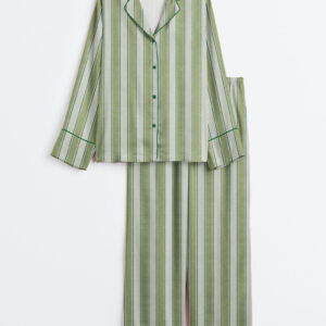 Womenâ€™s Greenery Stripe Vertical Green Beige Long Sleeve Satin Pajama Set