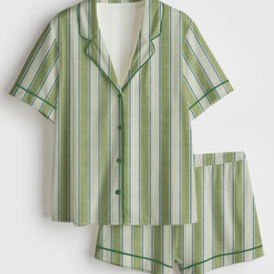 Womenâ€™s Greenery Stripe Vertical Green Beige Short Sleeve Satin Pajama Set