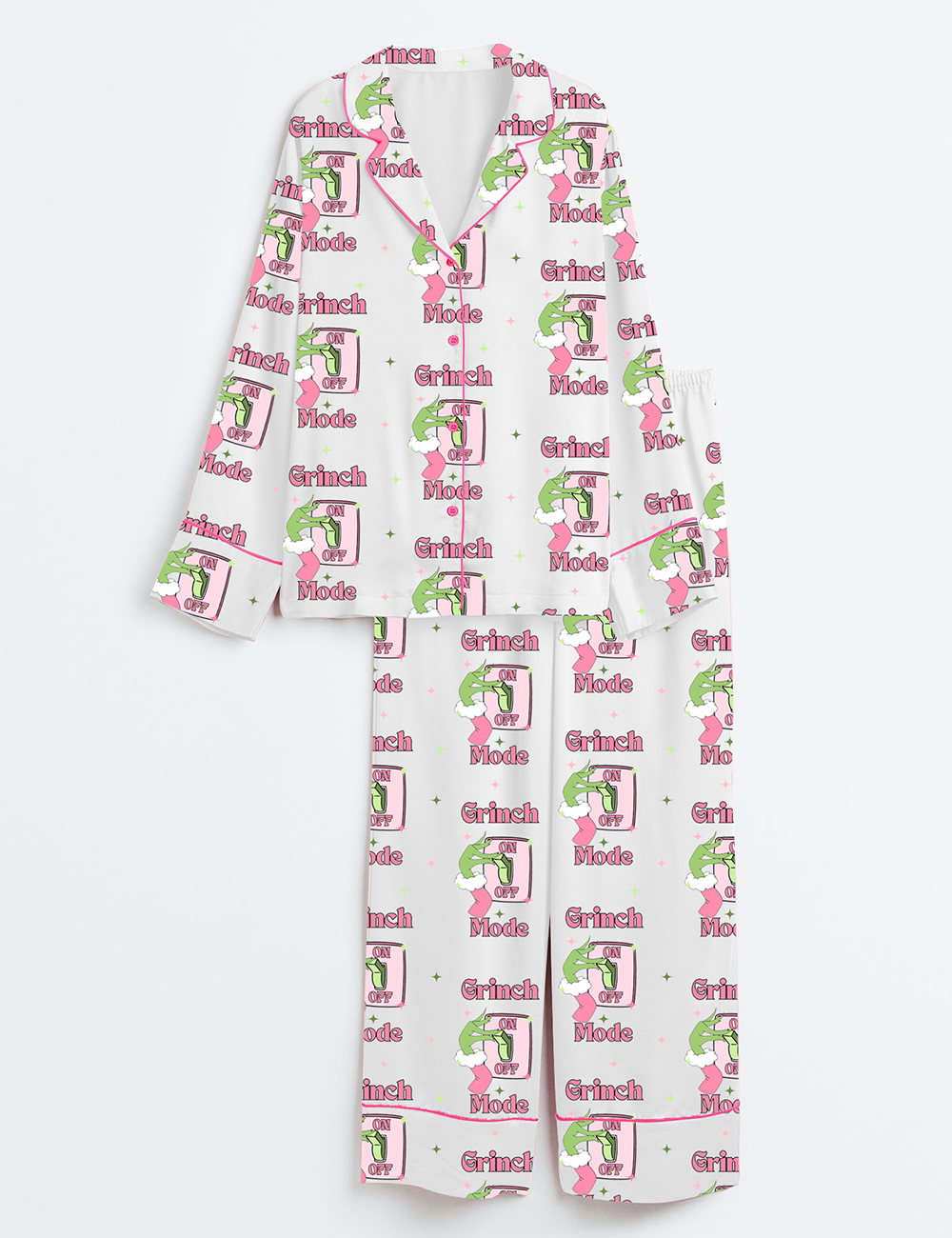 Womenâ€™s Grinch Mode On Pink Christmas Long Sleeve Satin Pajama Set