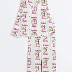 Women's Grinch Mode On Pink Christmas Long Sleeve Satin Pajamas Set