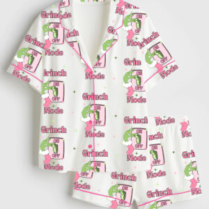 Womenâ€™s Grinch Mode On Pink Christmas Short Sleeve Satin Pajama Set
