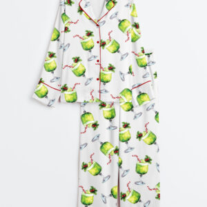 Womenâ€™s Grinch Punch Watercolor Christmas Cocktails Holiday Drinks Long Sleeve Satin Pajama Set