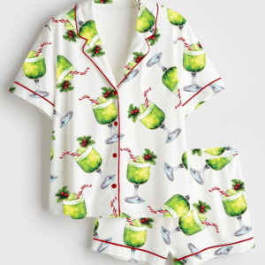 Womenâ€™s Grinch Punch Watercolor Christmas Cocktails Holiday Drinks Short Sleeve Satin Pajama Set