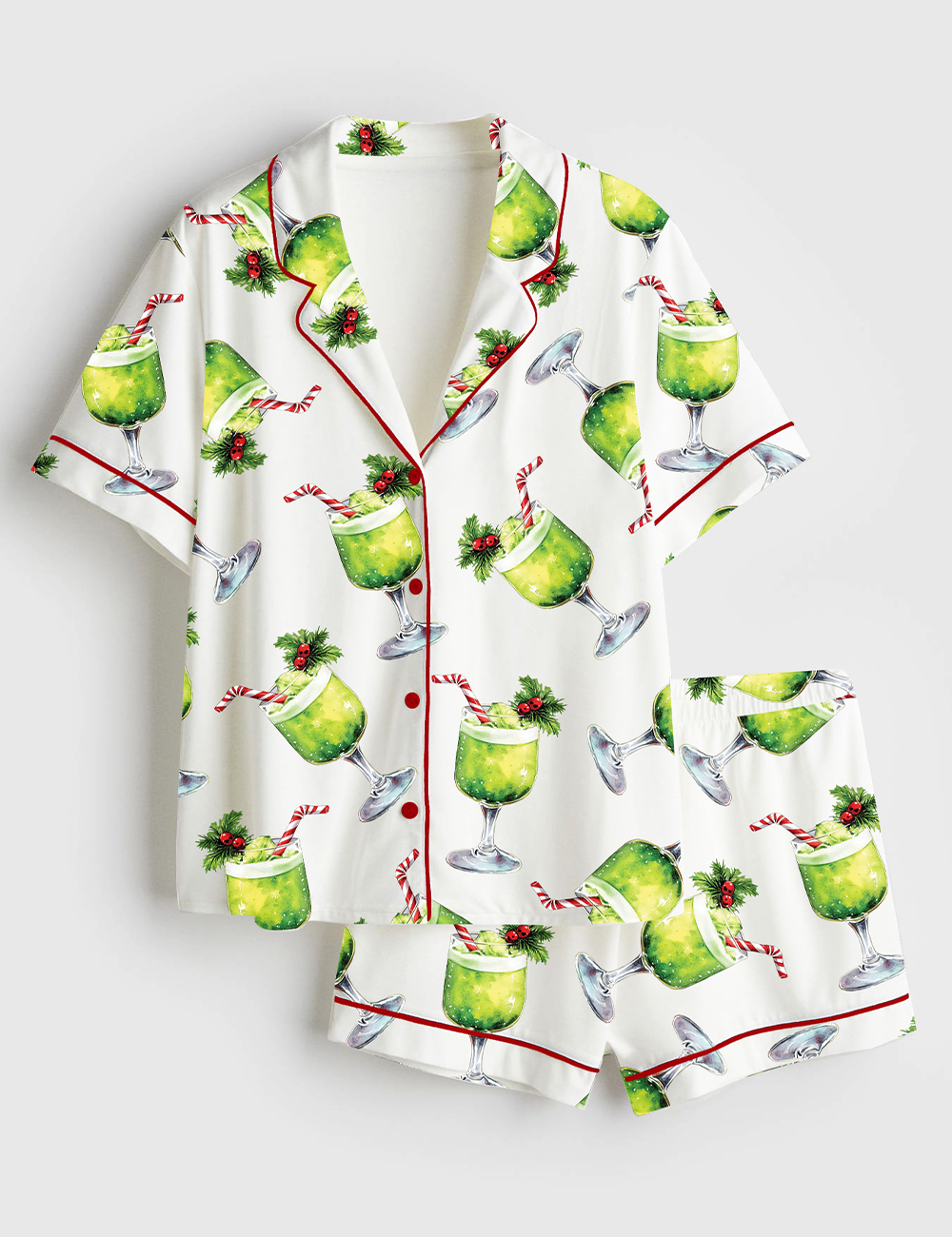 Womenâ€™s Grinch Punch Watercolor Christmas Cocktails Holiday Drinks Short Sleeve Satin Pajama Set