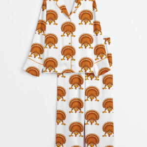Womenâ€™s Guess What Turkey Butt Thanksgiving Gobble Till You Wobble Long Sleeve Satin Pajama Set