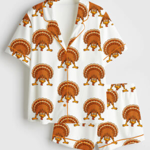 Womenâ€™s Guess What Turkey Butt Thanksgiving Gobble Till You Wobble Short Sleeve Satin Pajama Set